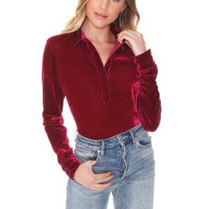Pinky Red Fletch Velvet Long Sleeve Collared Deep V-neck Bodysuit with Snap